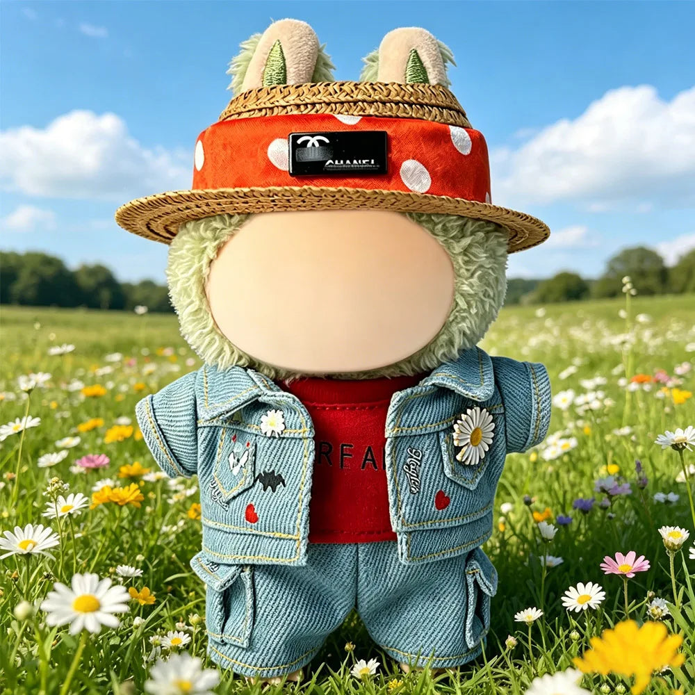 Labubu Clothes 15 17cm Doll DIY Clothing Accessories Fashion Ably luxurious style with Straw Hat Leather Jacket Denim Outfit
