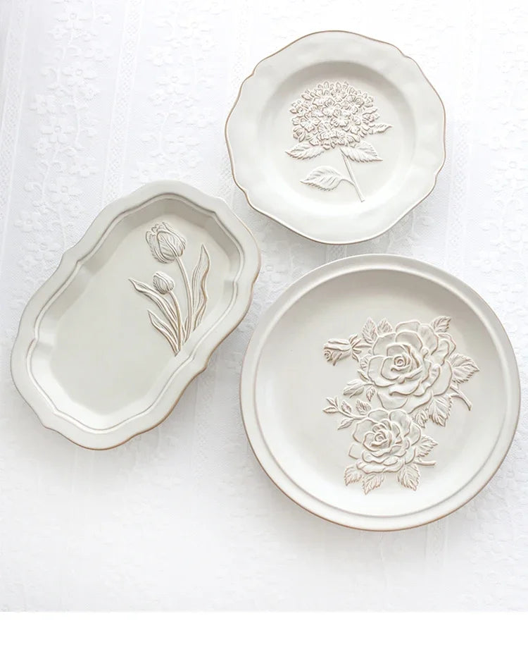 Ceramic Plates Vintage Style Dinner Plate Tulip Relief Ceramic Plates Steak Pasta Dishes Tableware Household Use Tableware Home
