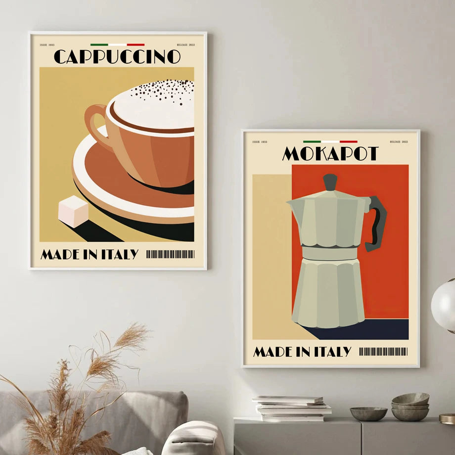 Italian Espresso Coffee Pot Beans Wall Art Wall Art Canvas Painting Poster Suitable for Decoration in Living Rooms Bedrooms