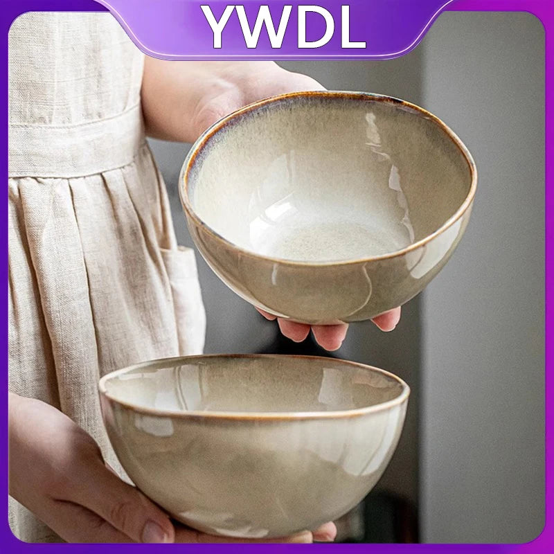 YWDL 500ml Vintage Ceramic Salad Bowl Heat-resistant Rice Soup Bowl Irregular Edges Kitchen Noodle Bowl Microwave Safe 5.5inch
