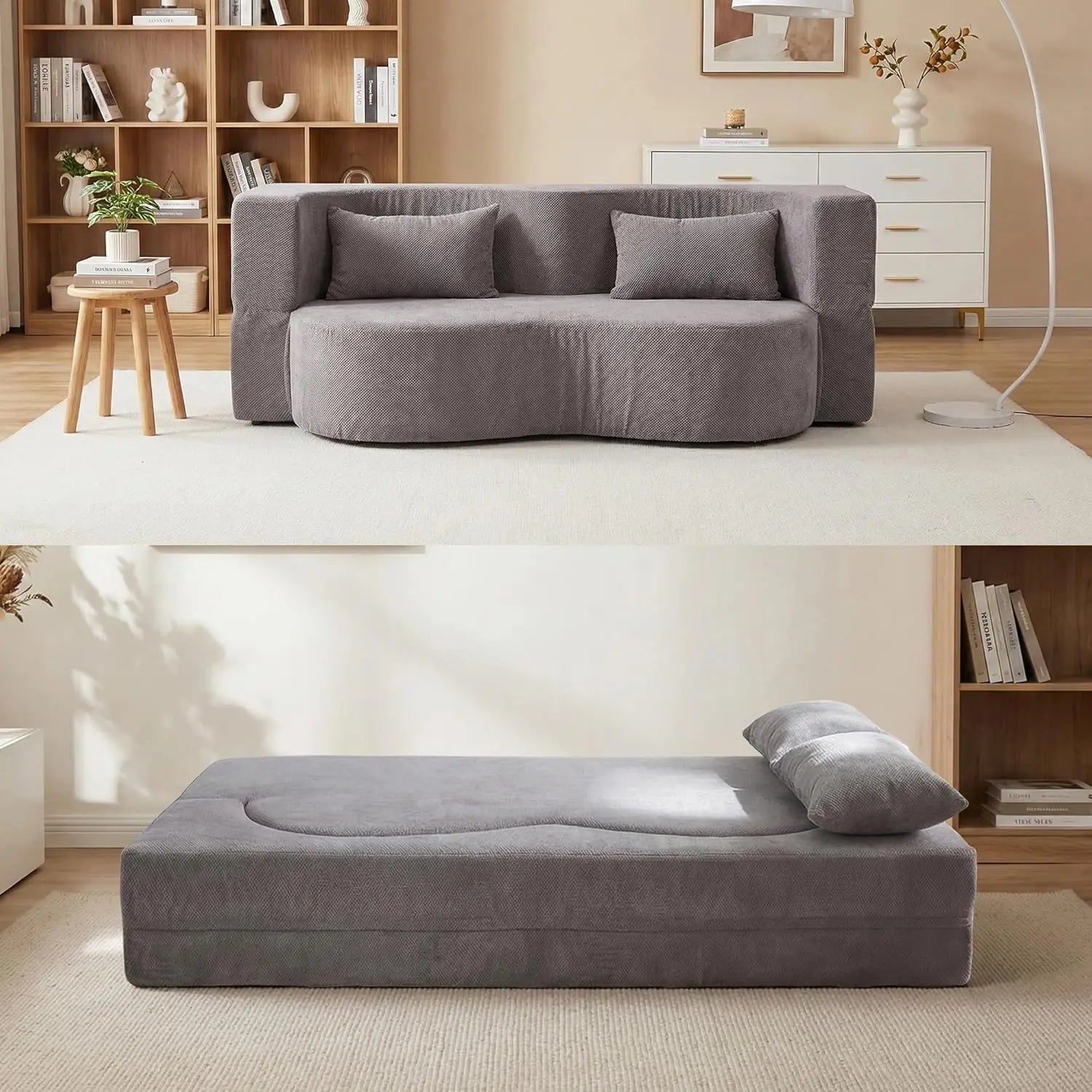 Convertible Sofa Bed, 78'' Queen Size Folding Sleeper Sofa with Pillow, 2-in-1 Teddy Fabric Boneless Loveseat Floor, Customized