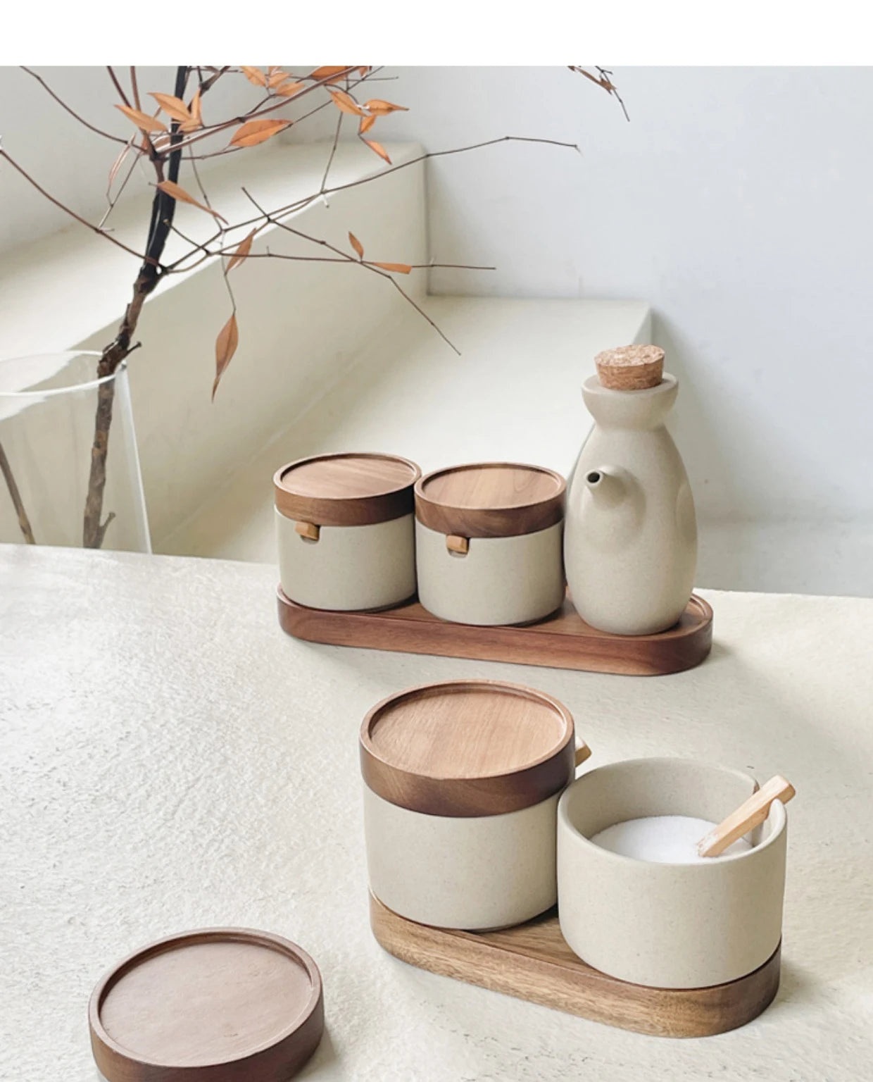 Vintage Ceramic Seasoning Jar Japanese Style Home Kitchen Salt Chili Sugar Jar Oil Pot Wooden Lid Spice Kitchen Utensils Modern