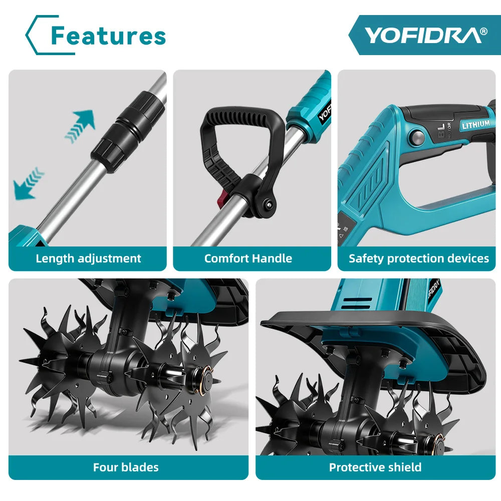 YOFIDRA Brushless Electric Garden Tiller Lawn Mower Rototiller For Soil Cultivation Garden Power Tool For Makita 21V Battery Pin