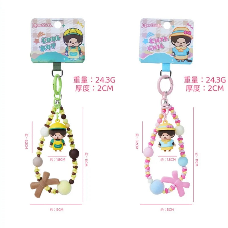 Genuine Monchhichi Flocked Beaded Keychain, Cute Cartoon Mini Monchhichi Figurine Charm, Women’s Bag  Phone Strap