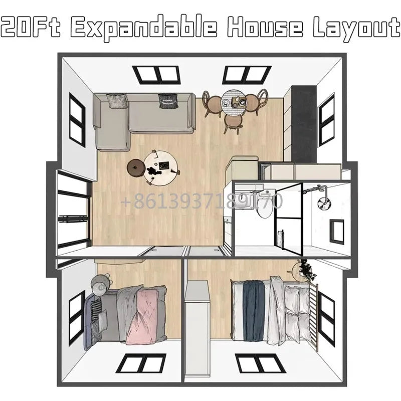 20ft  2 Bedroom Tiny House with Fully Equipped Bathroom and Kitchen, Modular Foldable Home for Backyard & Off-Grid