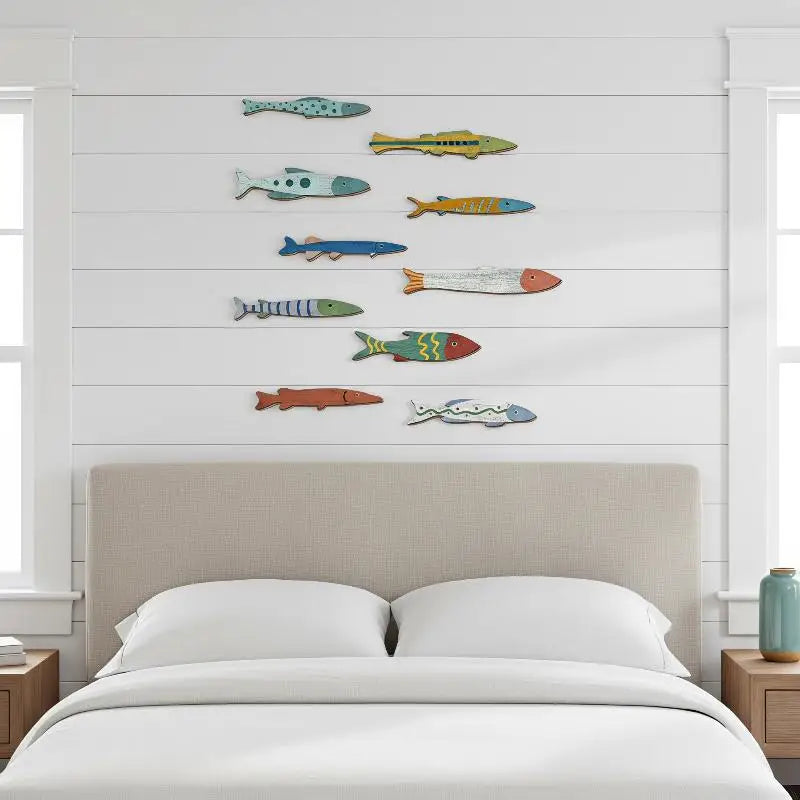 Handcrafted Wooden Ocean Wall Decor Fish Set Coastal Style For Home Bathroom