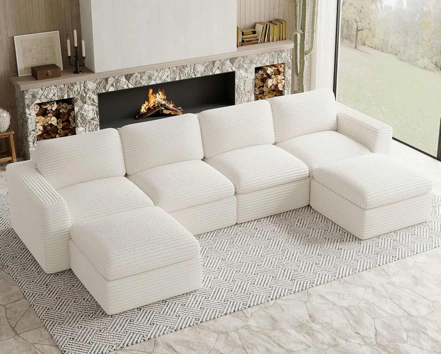 Plush Corduroy U Shaped Modular Sectional Sofa Deep Seat Living Room Black Customized