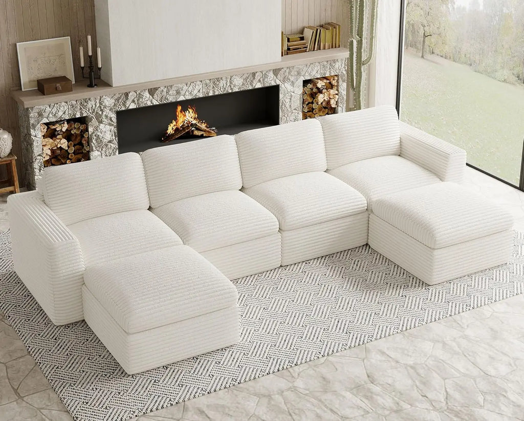 Plush Corduroy U Shaped Modular Sectional Sofa Deep Seat Living Room Black Customized