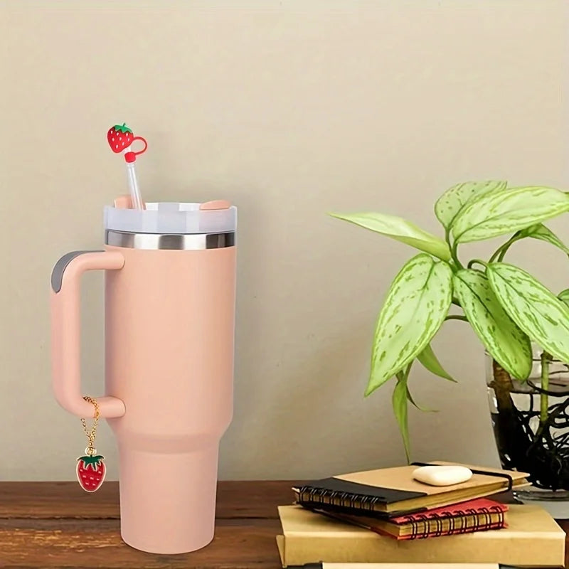 2set Silicone Fruit Straw Cover Cap With Chain Charm Strawberry Pineapple For Stanley Tumblers With Handle 8mm Drinking Straw