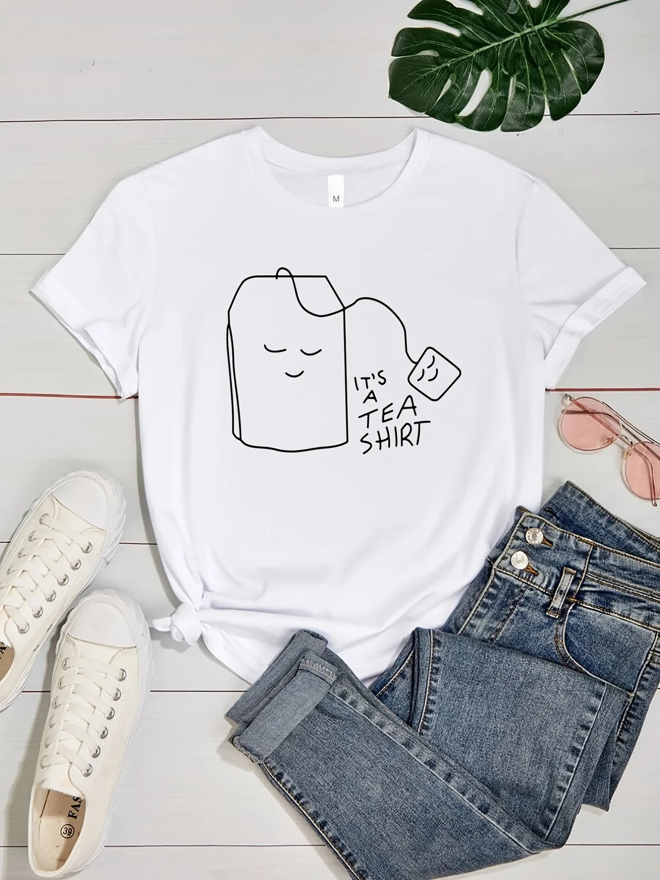 Tea Shirt Print T-Shirt, Funny Print Short Sleeve Crew Neck Casual Top For Spring & Summer, Women's Clothing