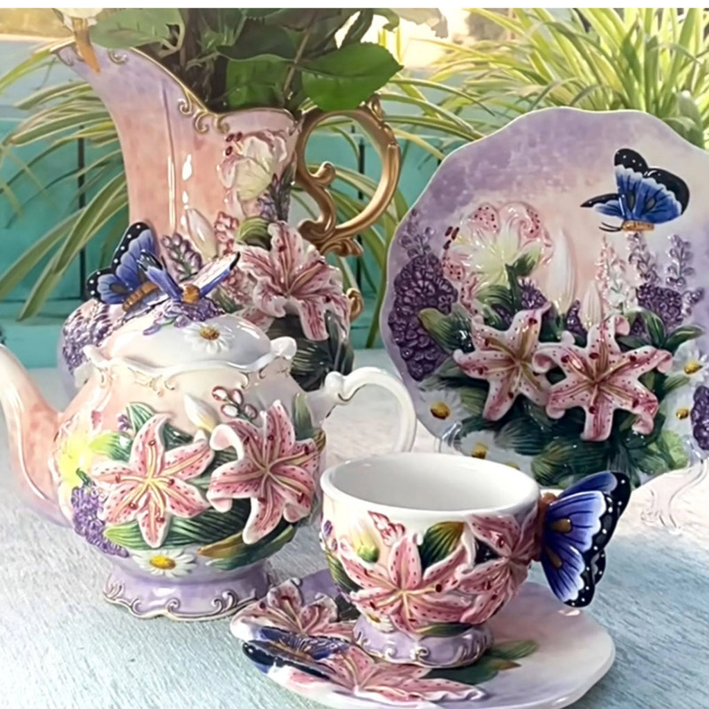 European Style Ceramic Coffee Pot, Hand-painted Butterfly Orchid Teapot, Tea Cup Set, Exquisite Creative Gift, Cafe Accessories