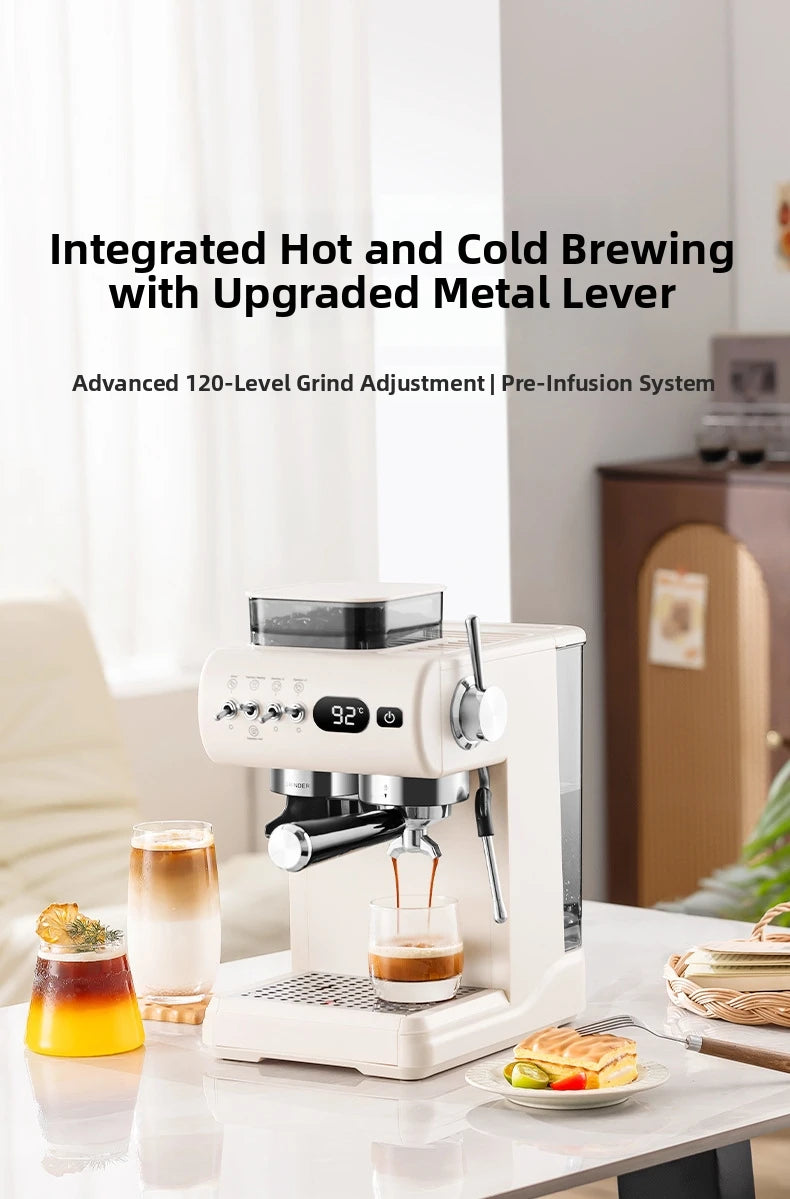 Semi-Automatic Espresso Machine – 20Bar Pressure with Built-in Grinder, Cold & Hot Brew Dual Extraction, Compact for Home Use