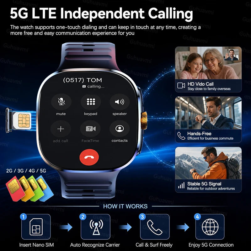 5G/4G Globally Universal SIM Smart Watch AMOLED Screen 190 ° Rotating Camera Video Call GPS 8+128GB Memory Smart Watch