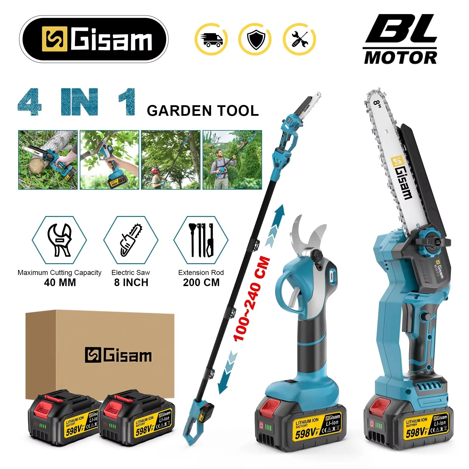 Gisam 4 IN 1 Brushless Telescoping Pole Electric Chainsaw High Branch Scissor Gardening Power Tool For Makita 18V Batter Pins
