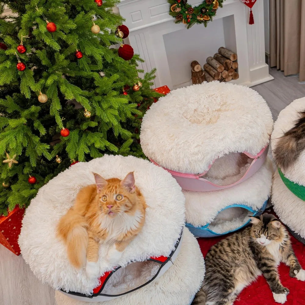 CATTASAURUS Peekaboo Cat Cave for Multiple & Large Cats Up to 30-45 Lbs, Fluffy Cat Beds for Indoor Cats, Scratch Detachable & W