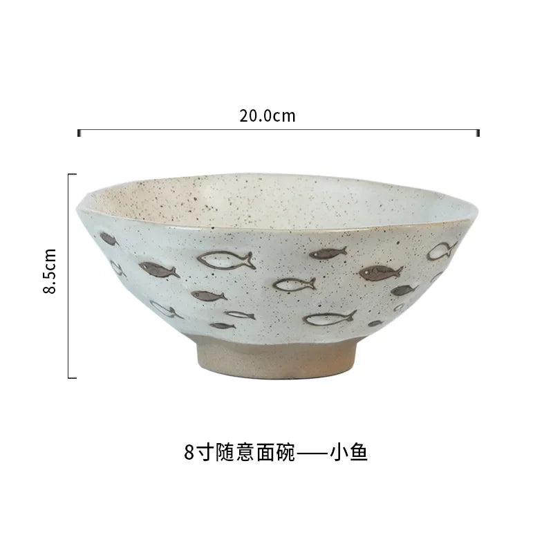coarse pottery bowl, retro ceramic tableware, underglaze colored noodle bowl, lace soup bowl, household hat  commercial ramen