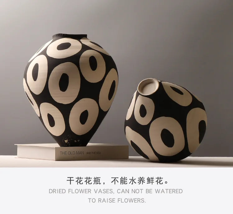 Ceramic Vase Hand-drawn Geometric Circles Flower Vase Flower Arrangement Accessories Porcelain Pot Home Decoration