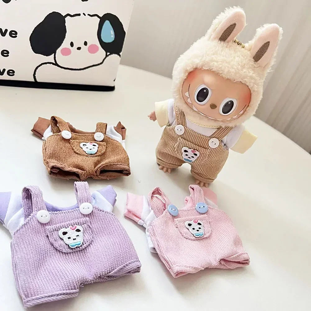 For 17cm Labubu Doll Little Bailey Hat Checkered Overalls Set Labubu Outfit Accessories Labubu Ropa