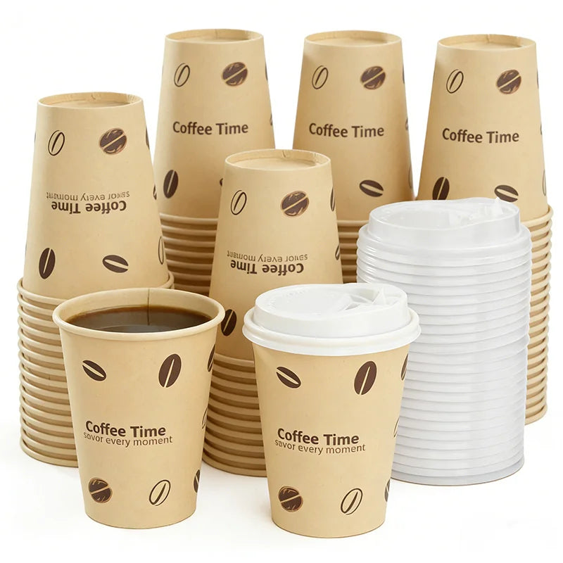 25/50Pack Disposable Paper Coffee Cups with Lids 12oz Bamboo Pulp To Go Drinking Paper Cups for Cold/Hot Drinks for Office Home