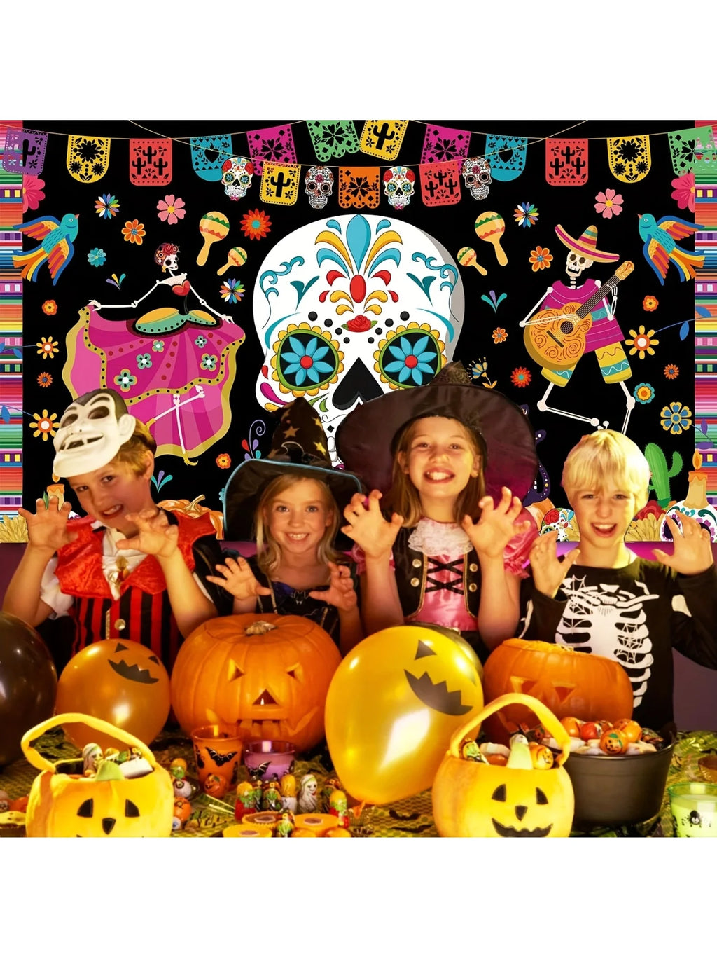 1PC Large Day of the Dead Background Banner Decoration, Halloween Banner Mexican Skull Banner, Horror Party Decoration Backgroun