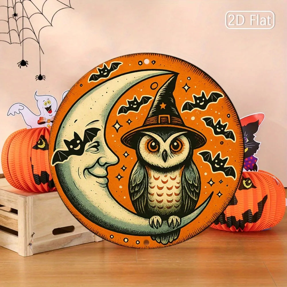 1pc Halloween Owl & Moon Metal Wall Art - 2D Round Aluminum Sign, Spooky Decor for Living Room Halloween Corners