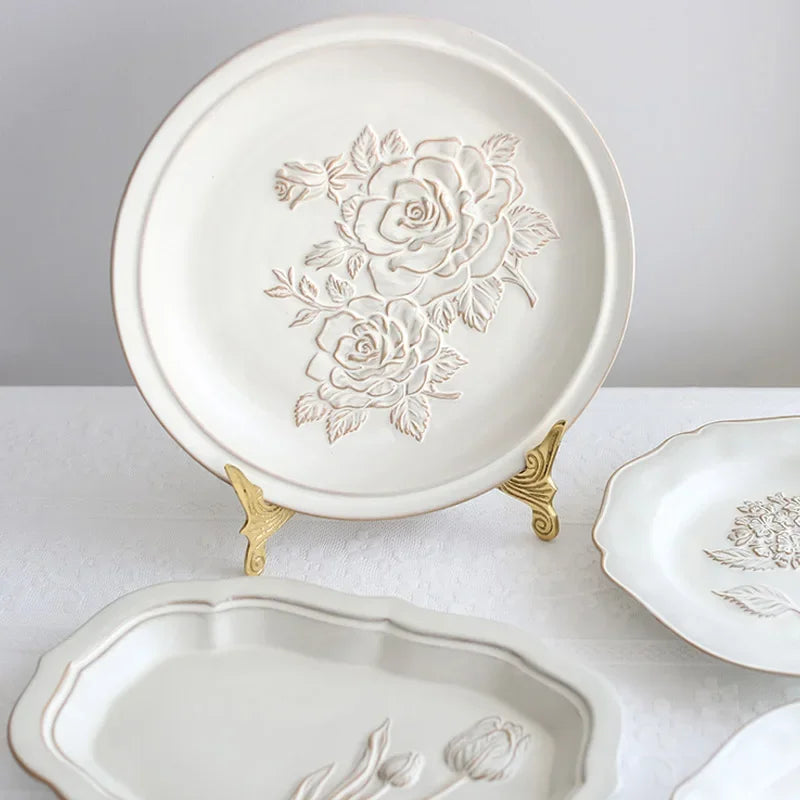 Ceramic Plates Vintage Style Dinner Plate Tulip Relief Ceramic Plates Steak Pasta Dishes Tableware Household Use Tableware Home