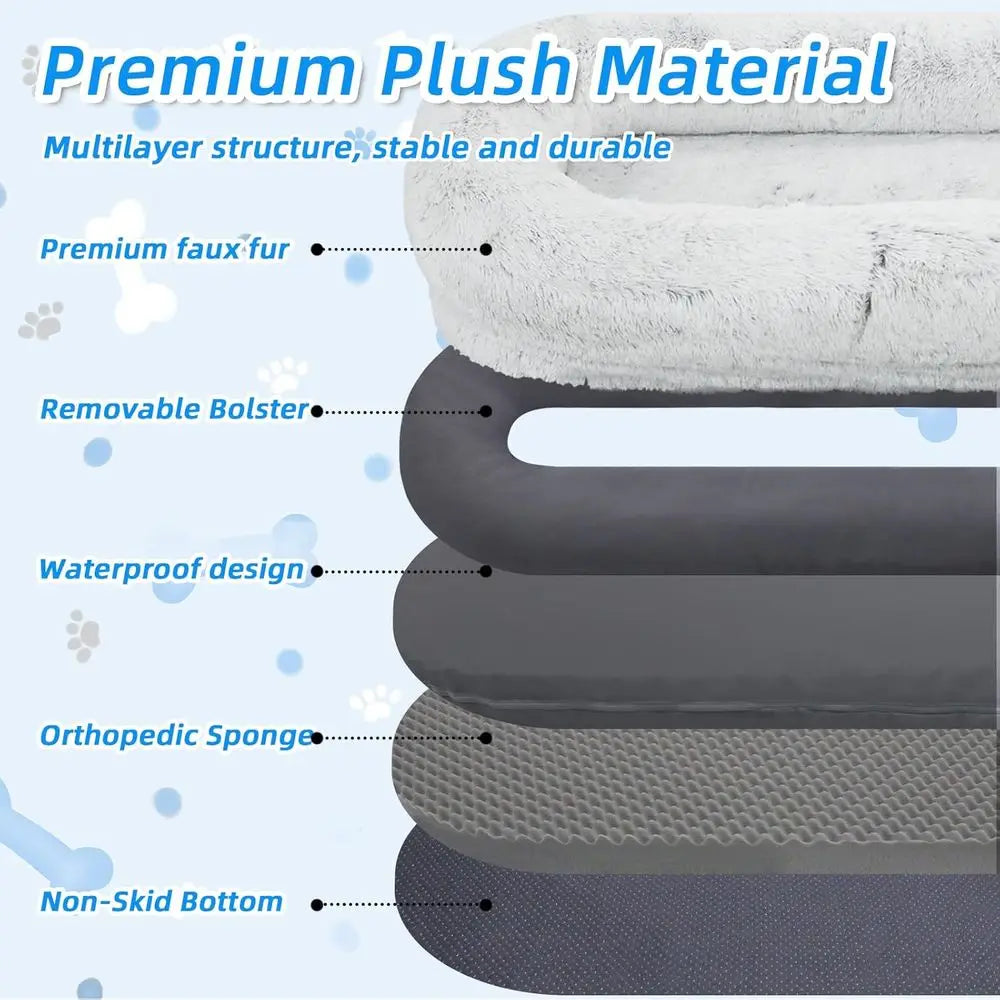 Human Dog Bed - 71"x45"x12" its You & Pets, Washable aux ur, Orthopedic, Plump Pillow, Blanket, Strap - Grey