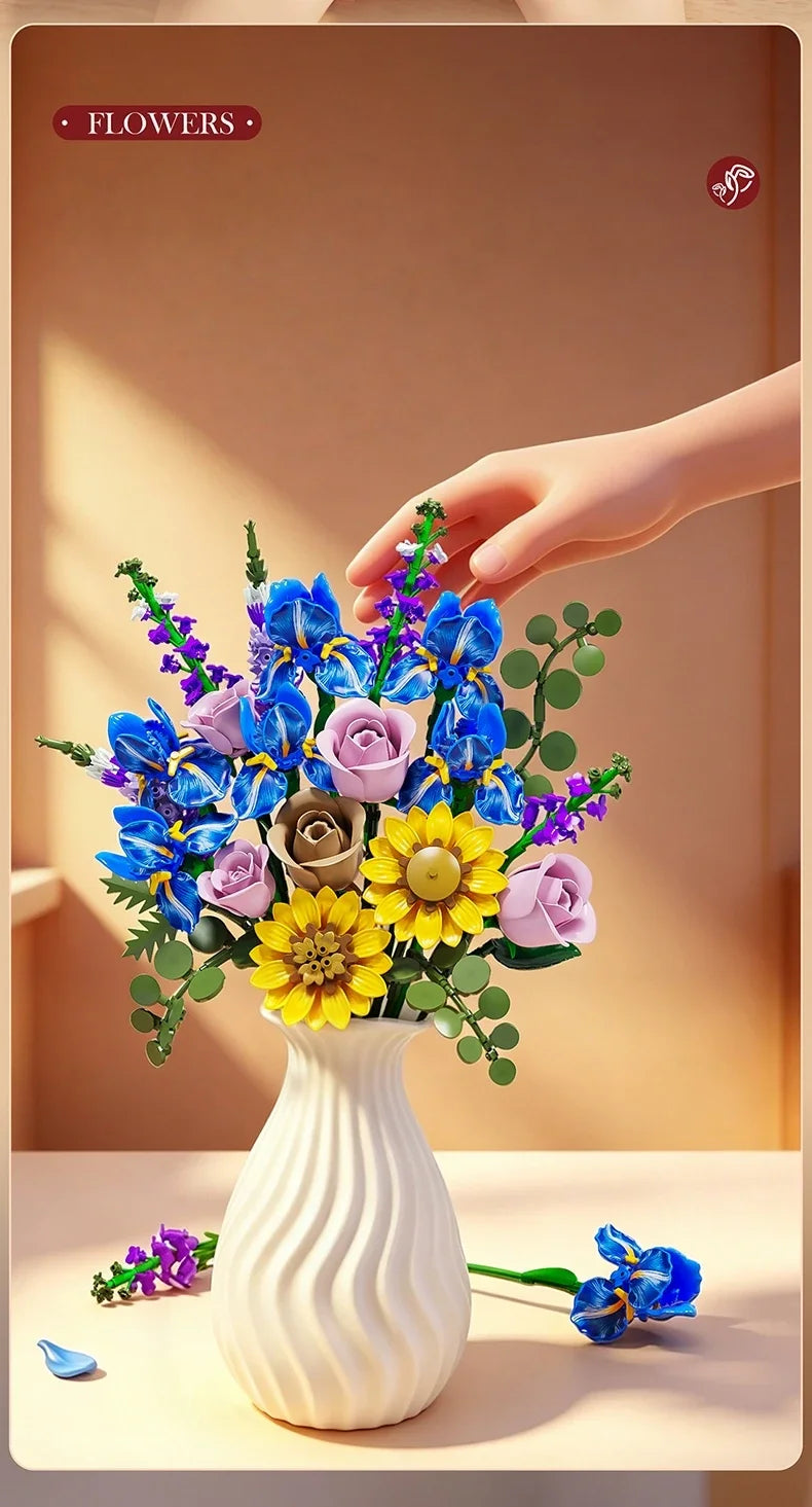 866pcs Botanical Flower Bouquet Set, Blue Iris Rose Plant Building Blocks, 3D Creative Desktop Decoration, Valentine Gift