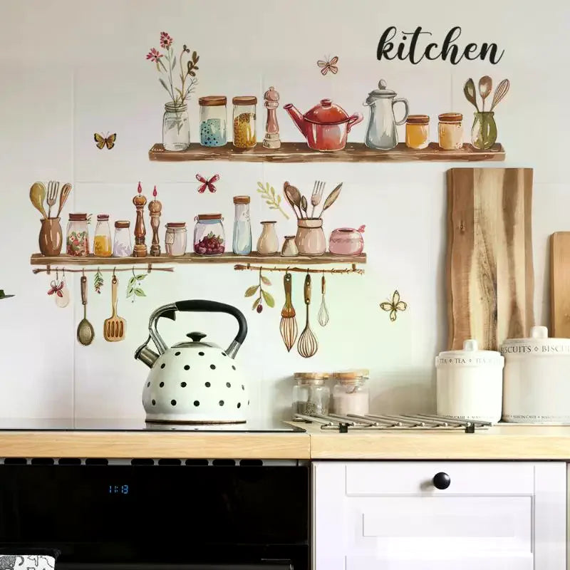 1PC Painted Kitchenware Glass Jar Kitchen Dining Room Home Beautification Decoration Wall Sticker PVC Material