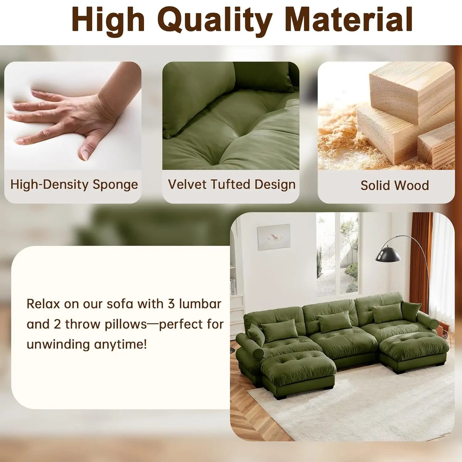 Velvet Modular Sectional Sofa 130" W Oversized U-Shaped Cloud Couch with 2 Ottomans Free Combined 3-Seater Comfort Customized