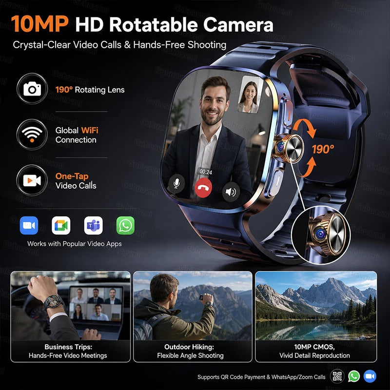 5G/4G Globally Universal SIM Smart Watch AMOLED Screen 190 ° Rotating Camera Video Call GPS 8+128GB Memory Smart Watch
