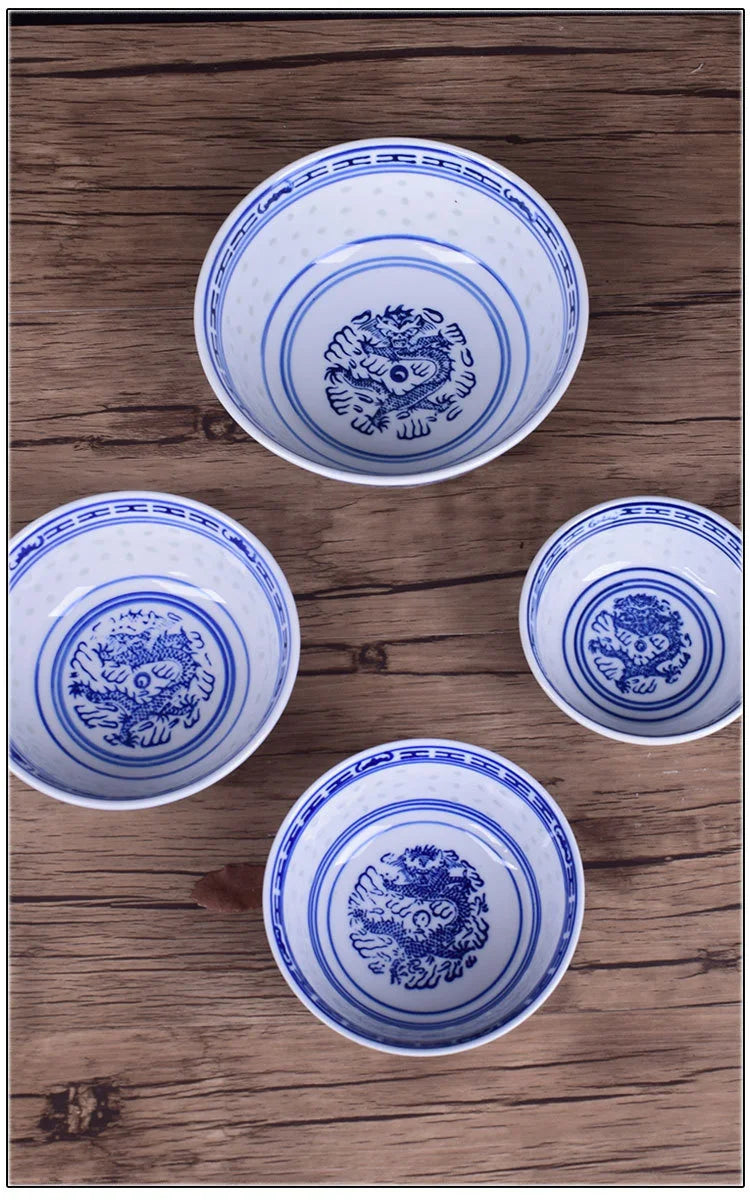 Ceramic Tableware Blue And White Porcelain Ramen Soup Bowl Chinese Rice Bowls Dragon Pattern Vintage Dinnerware