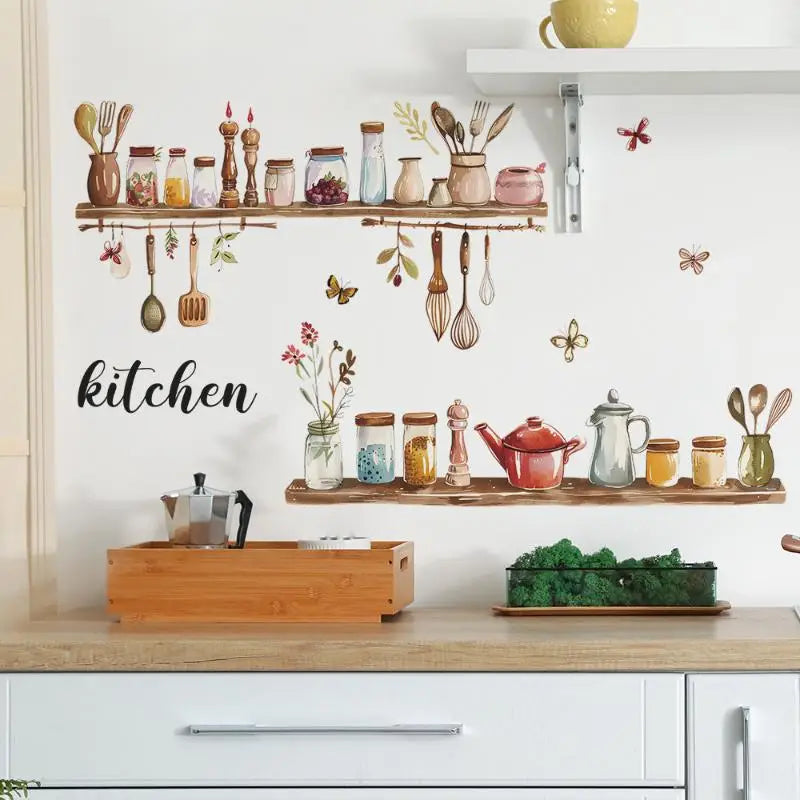 1PC Painted Kitchenware Glass Jar Kitchen Dining Room Home Beautification Decoration Wall Sticker PVC Material