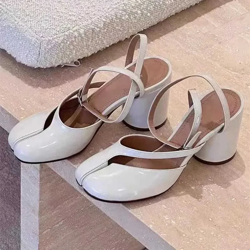 Summer Tabi Cross Strap Sandals Ankle Strap Thick High Heels Split Toe Sandals Women Pumps Slingbacks Female Chunky Casual Shoes