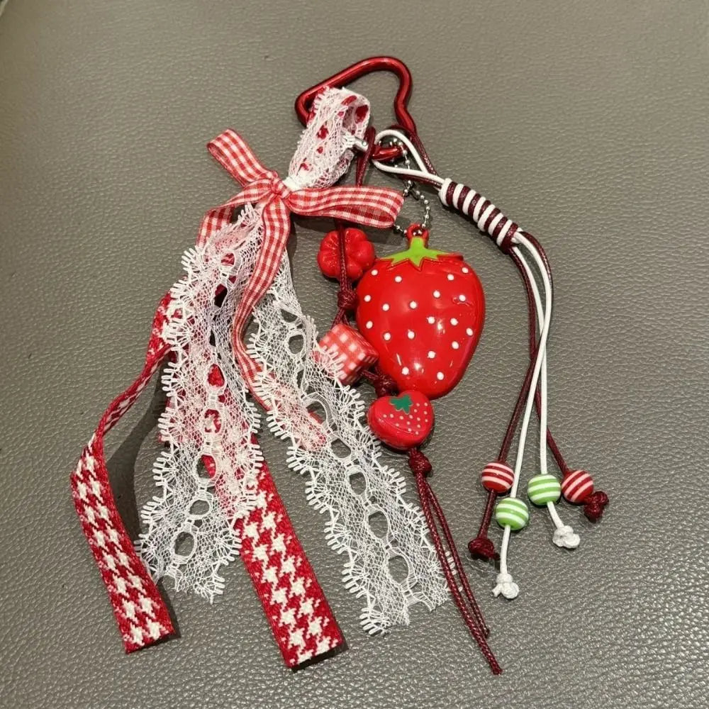 Bag Decoration Strawberry Bag Charms Girl Heart Trinket Riband Strawberry Keychain Anti-Lost Jewelry Girl Sweet Key Chain