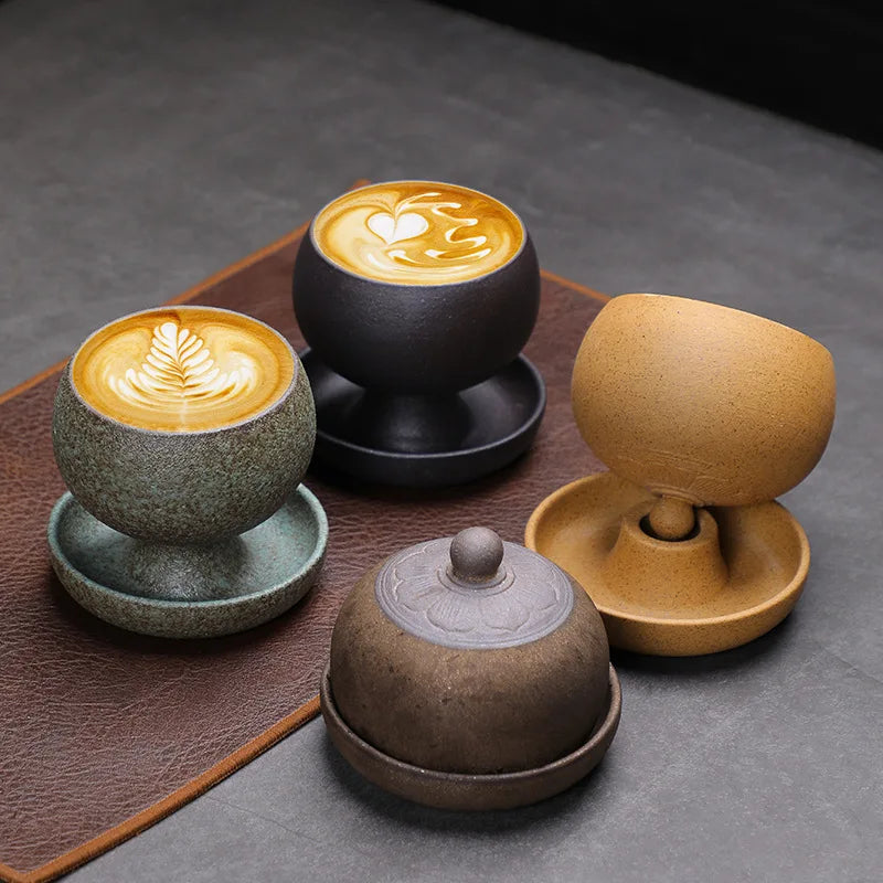 Vintage Stoneware Coffee Mug with Saucer Retro Ceramic Latte Art Cup Handmade Rustic Tea Cup for Home Cafe Boho Tableware