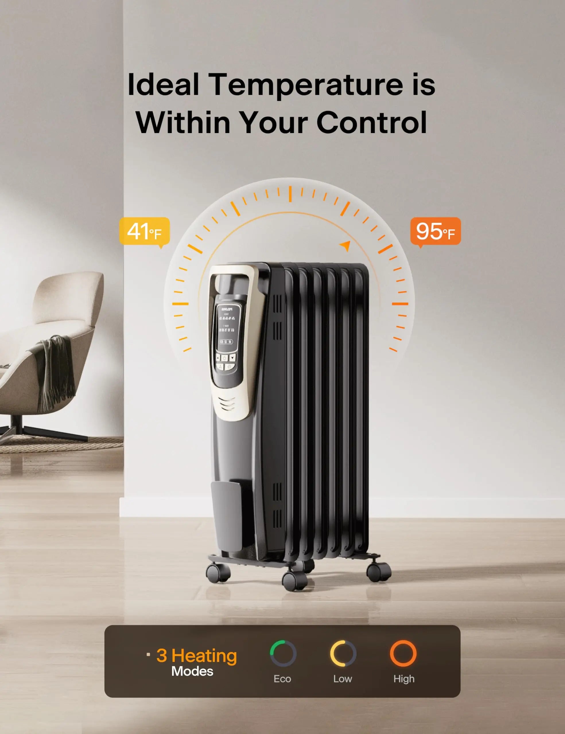 Energy Efficient Radiator Heater, 5 Settings Remote Control Champagne Indoor