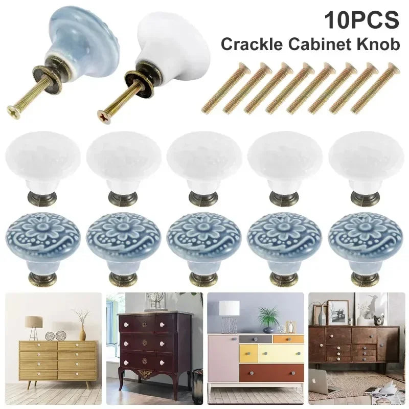 10Pcs Vintage Ceramic Door Knobs for Closet Cupboard Wardrobe Dresser Kitchen Furniture Round Cabinet Knobs Drawer Pull Handles