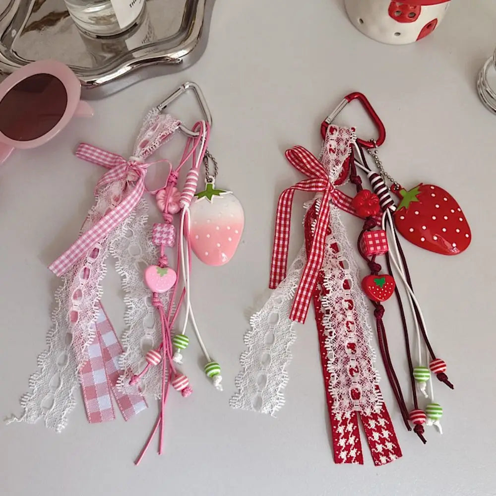 Bag Decoration Strawberry Bag Charms Girl Heart Trinket Riband Strawberry Keychain Anti-Lost Jewelry Girl Sweet Key Chain