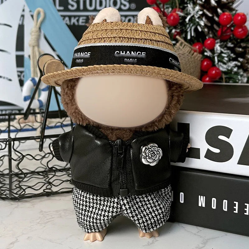 Labubu Clothes 15 17cm Doll DIY Clothing Accessories Fashion Ably luxurious style with Straw Hat Leather Jacket Denim Outfit