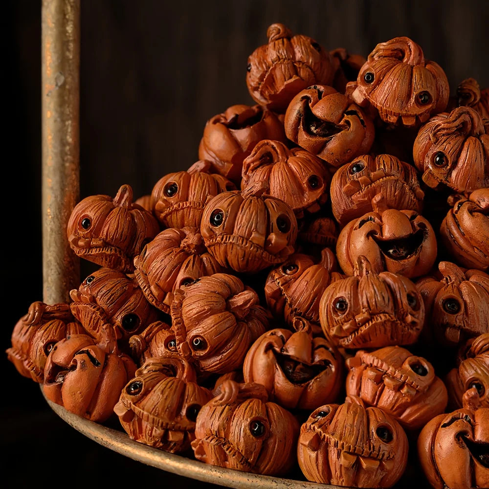 16pcs Halloween Mini Pumpkin Resin Figurines Vintage Spooky Decor Red Eyes Jack O Lantern Faces Battery Free Table Display