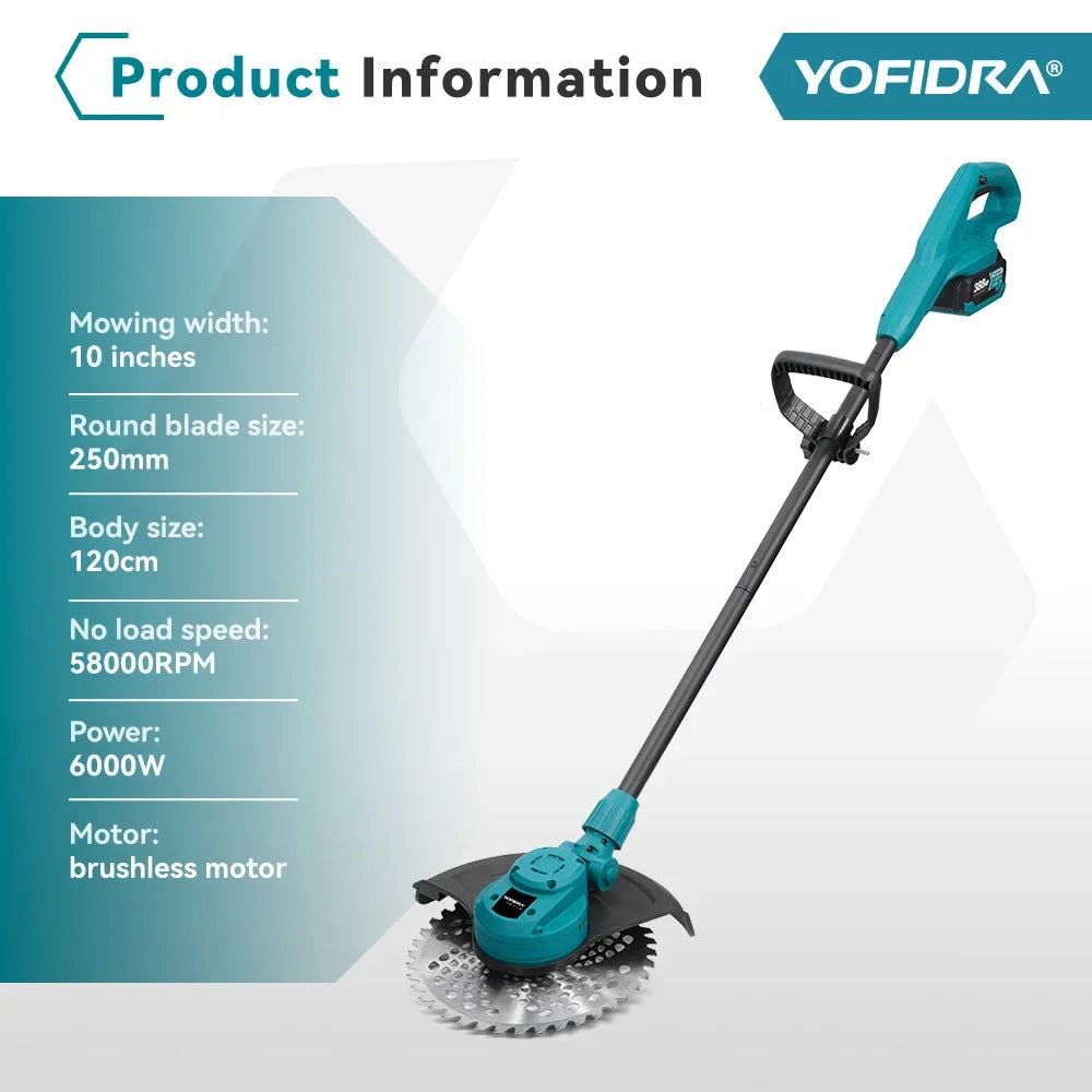 YOFIDRA 10Inch 6000W Brushless Electric Lawn Mower 58000RPM Garden Foldable Grass Trimmer Garden Tool For Makita 18V Battery Pin