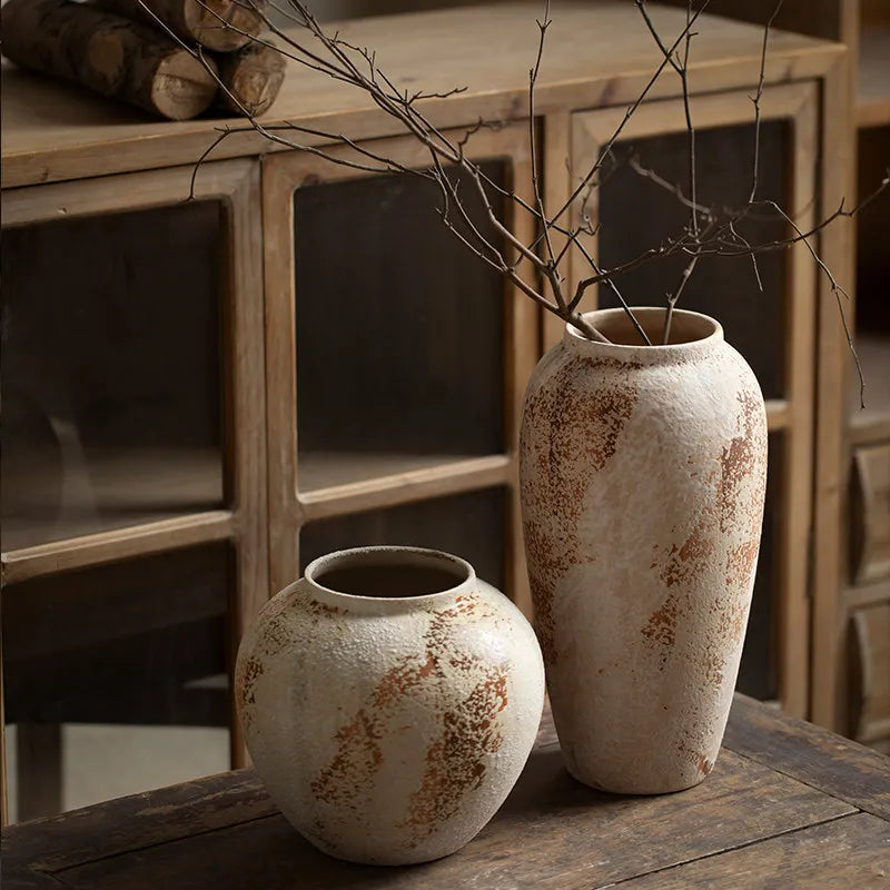 Mottled Retro New Chinese Pottery Vase Wabi-Sabi Style Decoration Entrance Flower Arrangement Hydroponic Ceramic Vase