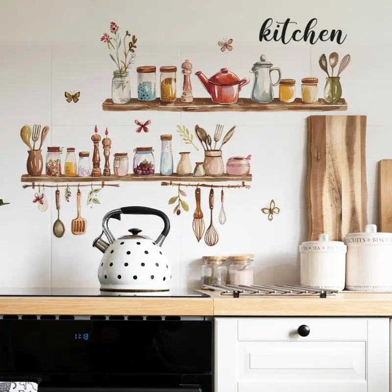 1PC Painted Kitchenware Glass Jar Kitchen Dining Room Home Beautification Decoration Wall Sticker PVC Material