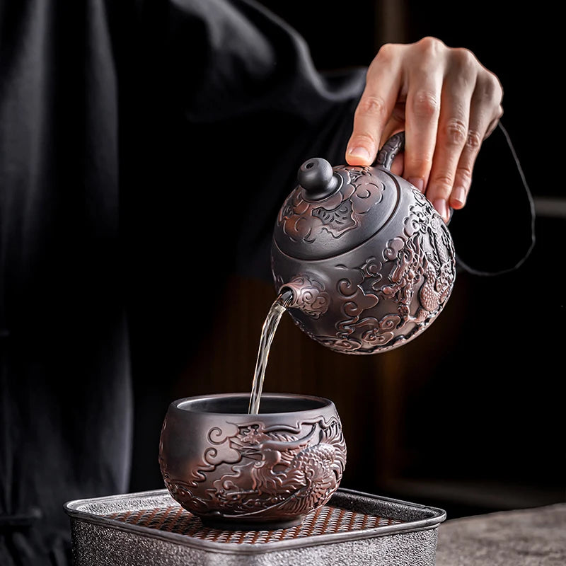 Suitable for collectionPurple Pottery Teapot Handmade Pile Carving Xianglong Pot Kung Fu Tea Set Purple Clay Pot Handmade