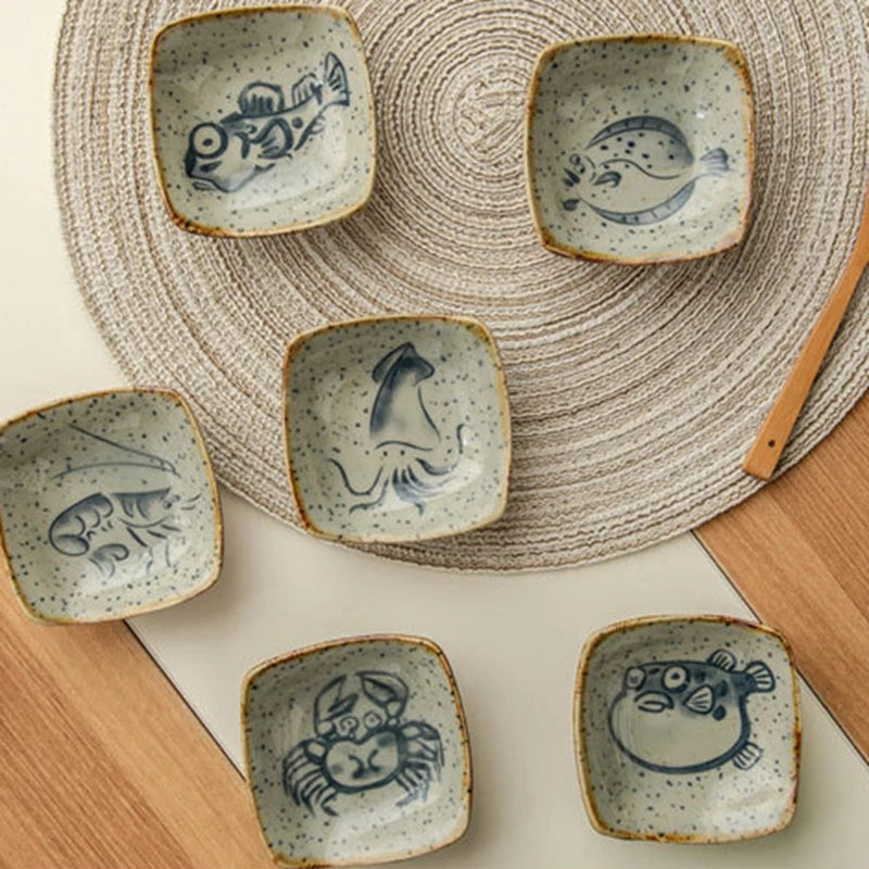 Vintage Ceramic Small Plate Japanese Creative Cartoon Seafood Sauce Dish Seasoning Plate Home Kitchen Tableware Wholesale