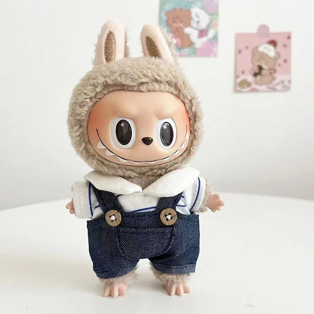 For 17cm Labubu Doll Little Bailey Hat Checkered Overalls Set Labubu Outfit Accessories Labubu Ropa