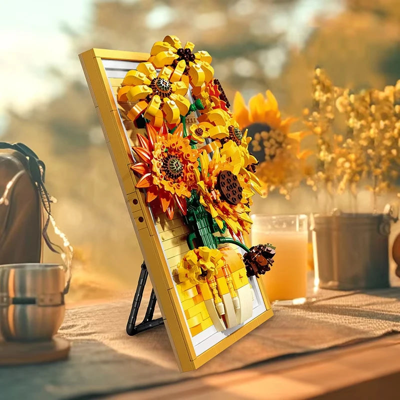 Creative Van Gogh Sunflowers Bouquet Painting Building Blocks Flower Potted Plant  Decoration Assemble Bricks Toy For Gift Adult