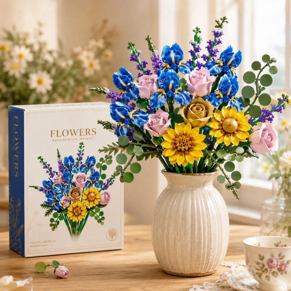866pcs Botanical Flower Bouquet Set, Blue Iris Rose Plant Building Blocks, 3D Creative Desktop Decoration, Valentine Gift