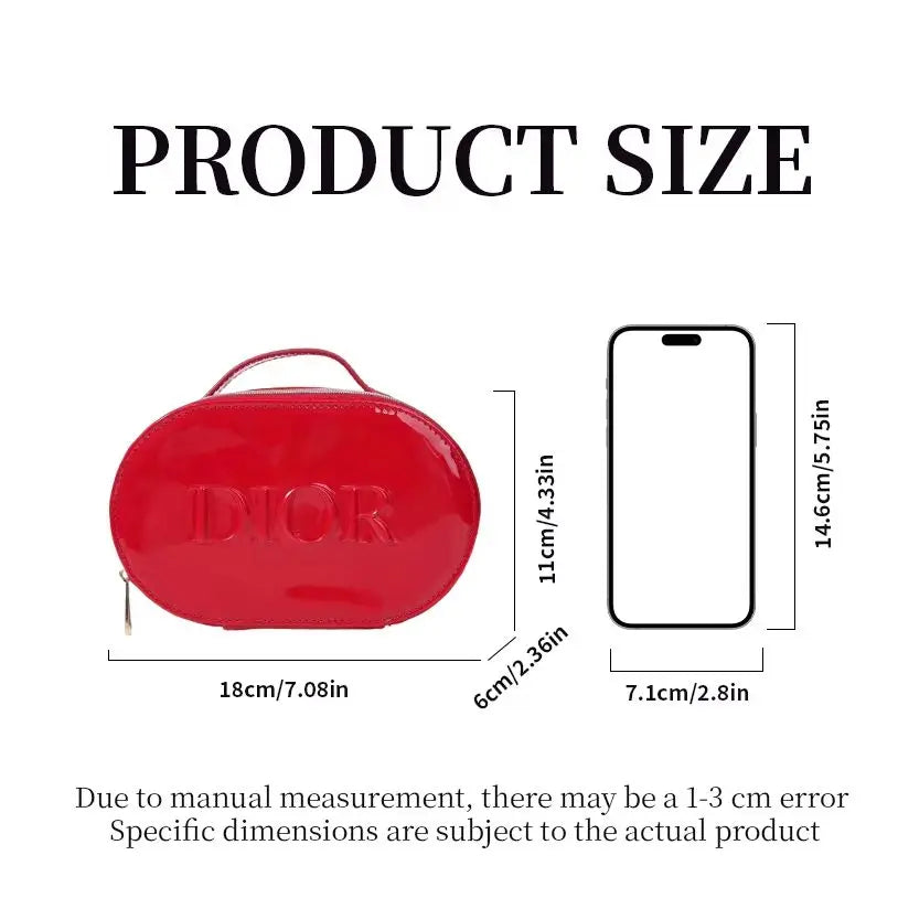 Dior Dior’s Bag Luxury Glossy Bright Red Oval Handheld Makeup Organizer Pouch Patent Leather Embossed Logo Waterproof Travel Cos
